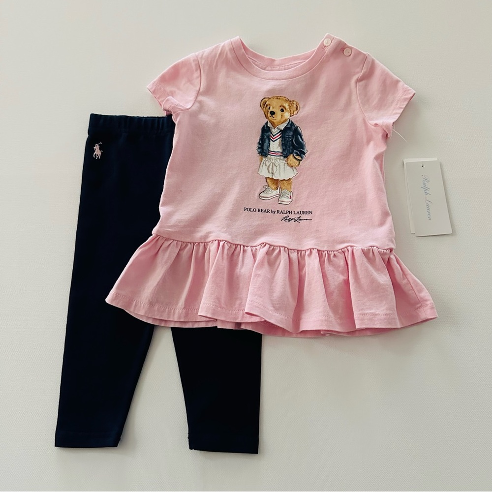 Ralph Lauren 12 Months Baby Girl Polo Bear Pink Top Pants Set Outfit Spring NWT